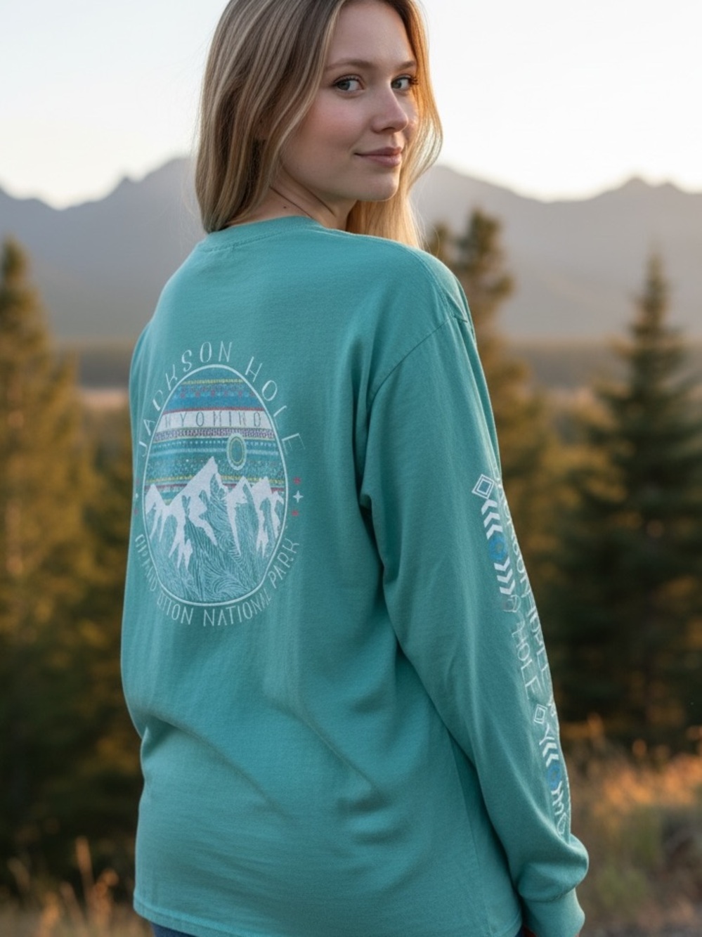 Comfort Colors Jackson Hole Wyoming Long Sleeve Graphic Tee Mint Green